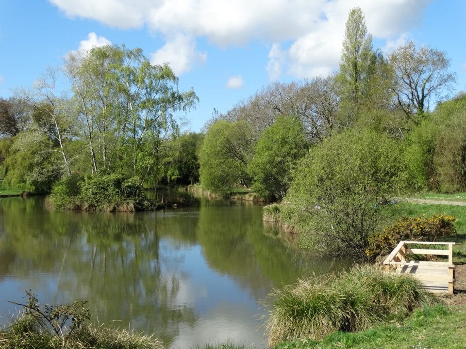 Photo représentant l'étang du Pont Douar, situé dans le bourg, et son ponton aménagé pour la pêche et l'observation de la faune et de la flore.